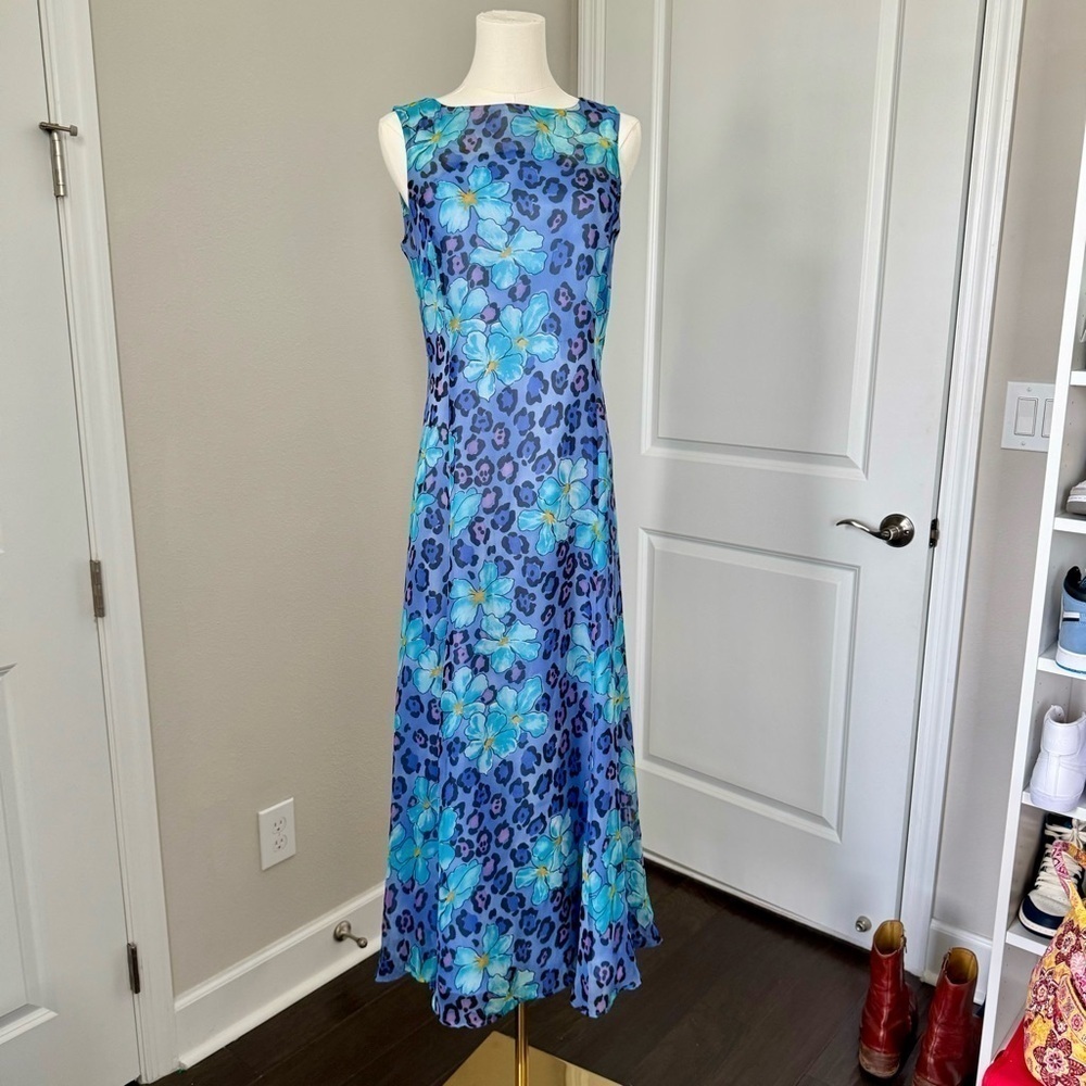 Vintage Animal Print Floral Silk Dress 💙🐆 Sz 6